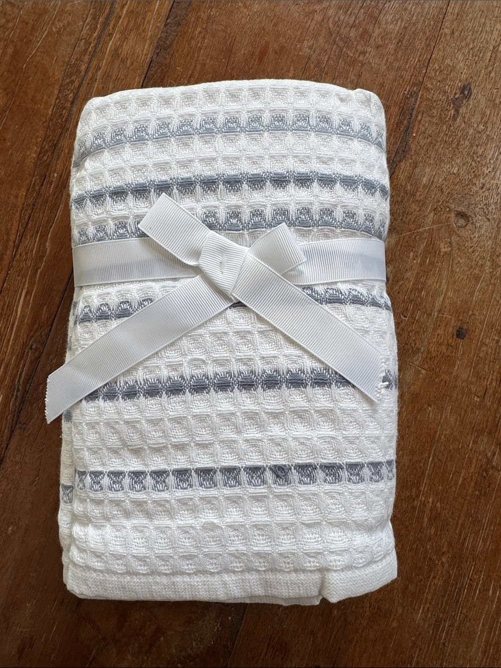 White with Slate blue Stripe Waffle Weave Hand Towels - Set of 2